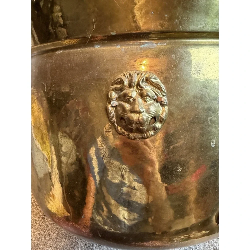 Antique Hand-Made English Brass Lion Handle Footed Cachepot Planter Cauldron